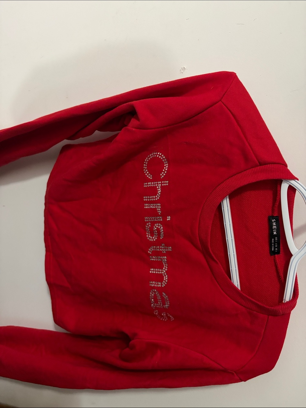 SHEIN Red Rhinestone "Christmas" Girls' Long Sleeve Sweatshirt